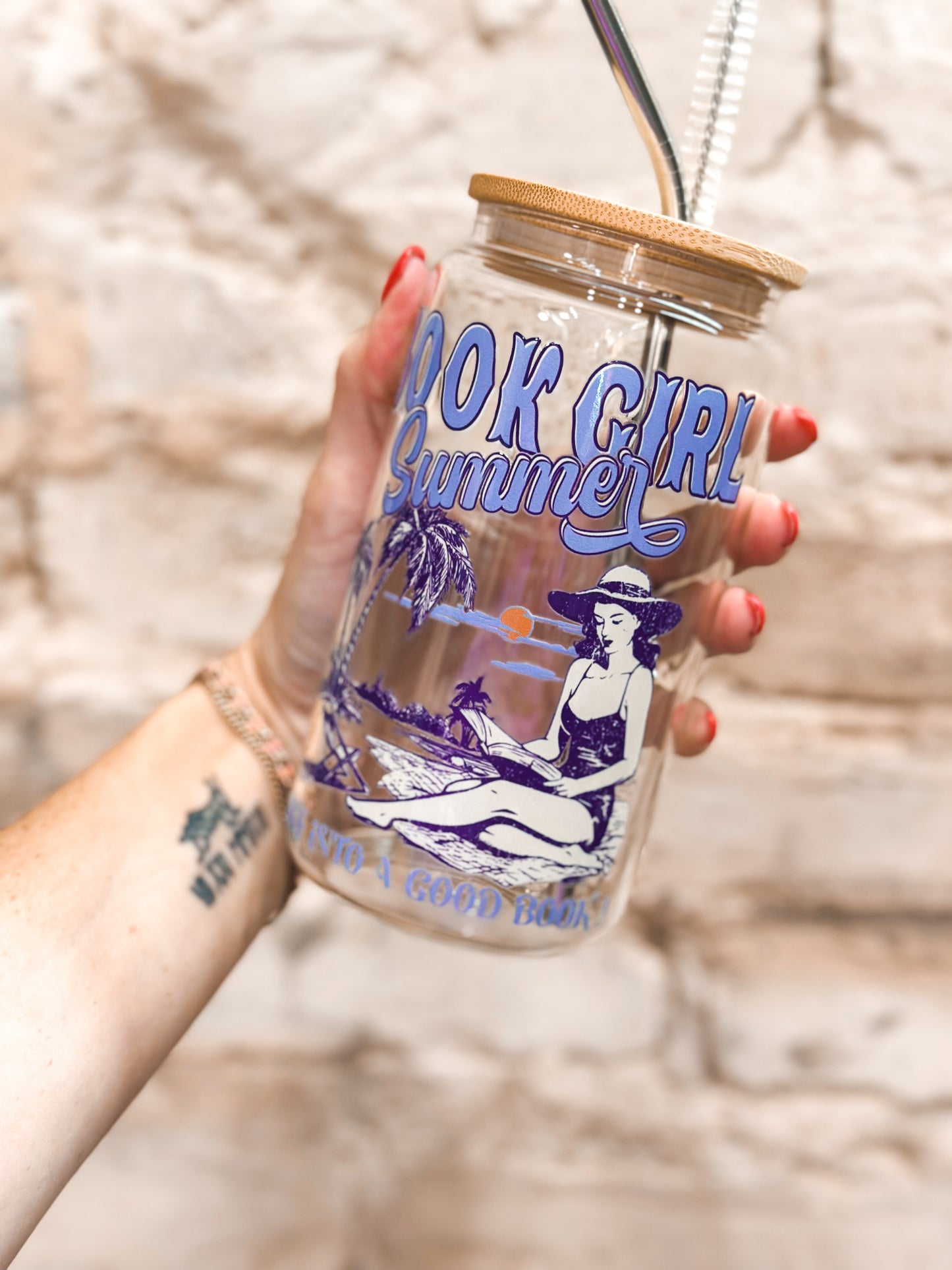 Book girl summer blue Glass Tumbler