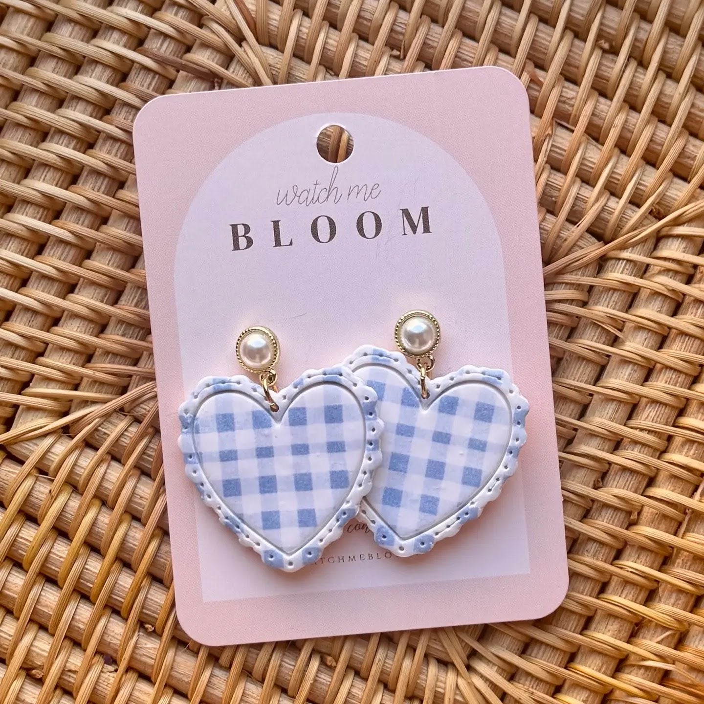 Blue Gingham Ruffle Hearts | Polymer Clay Earrings