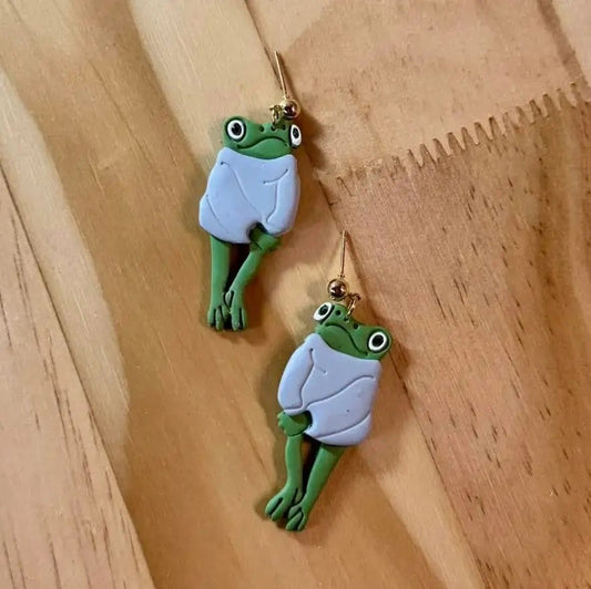 Frog Wearing Blue Sweater | Polymer Clay Earrings