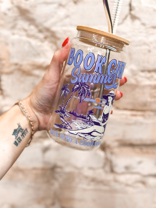 Book girl summer blue Glass Tumbler